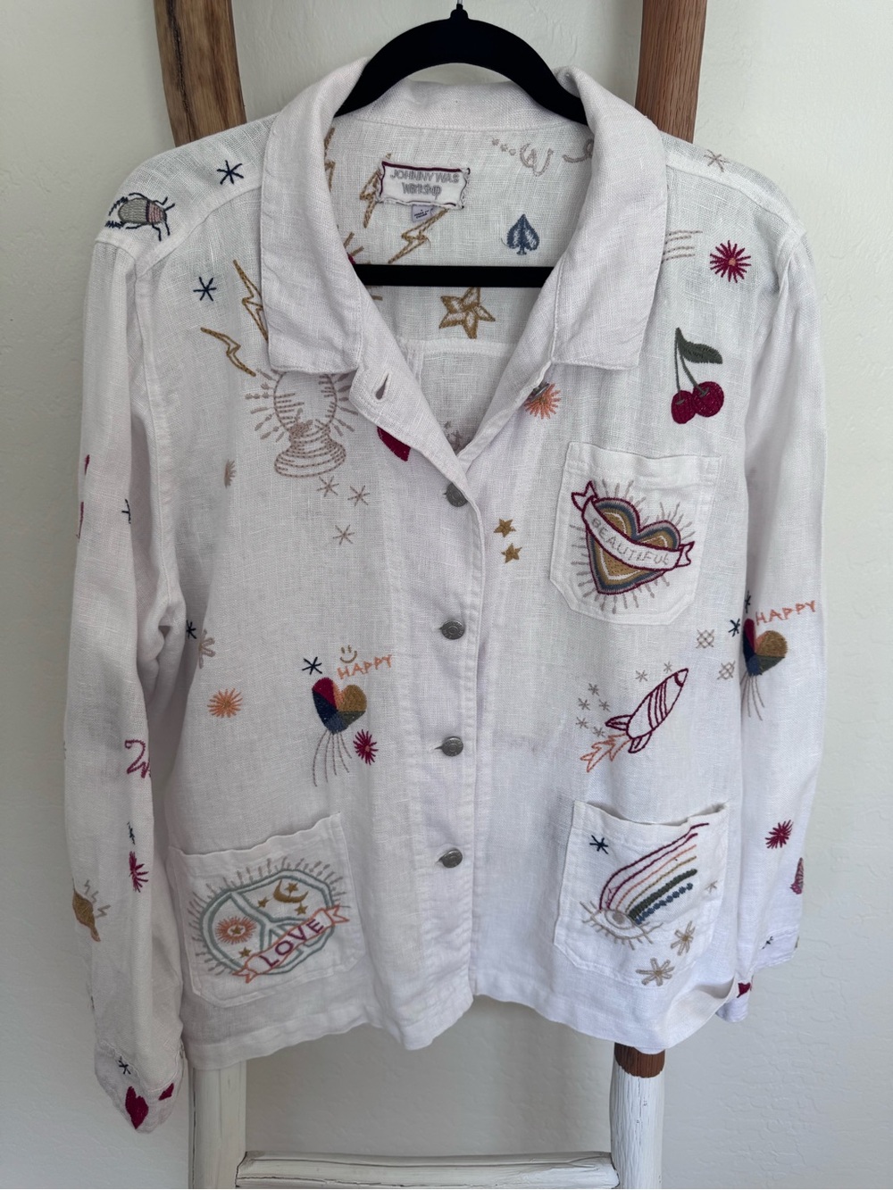 Johnny Was Workshop Embroidered White Linen Button-Up Jacket - Picture 3 of 10